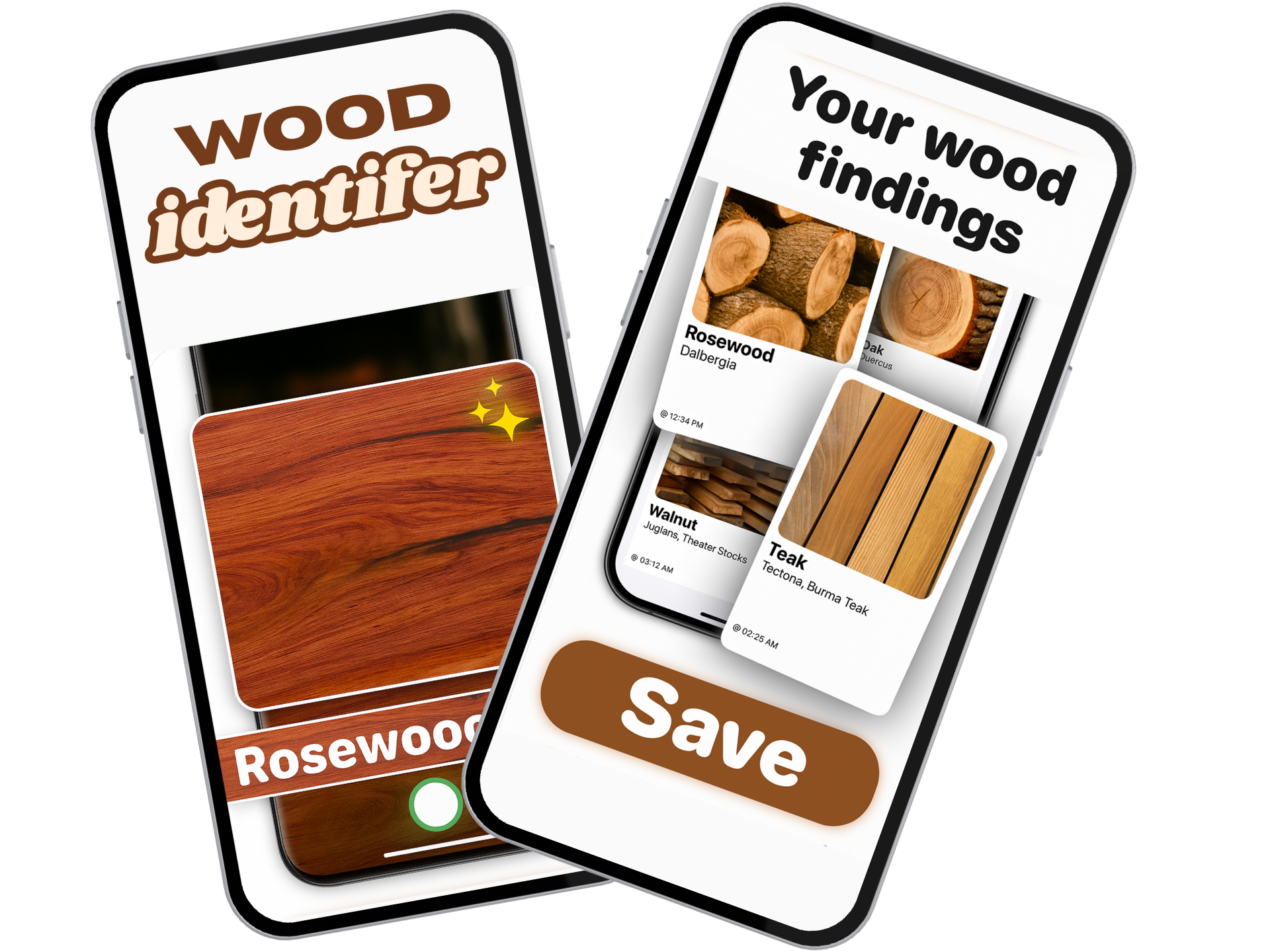 Wood identifier AI scanner app interface showing lumber species identification